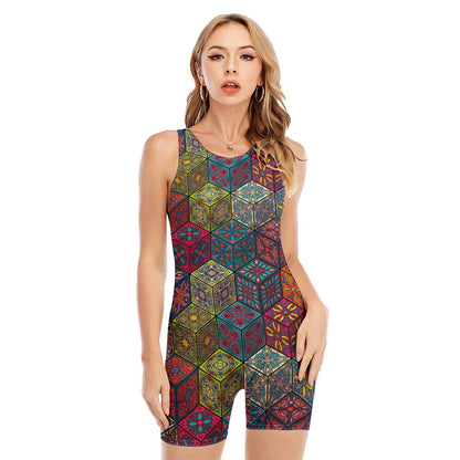 Bohemian Indian Box Pattern Print Sleeveless One Piece Swimsuit