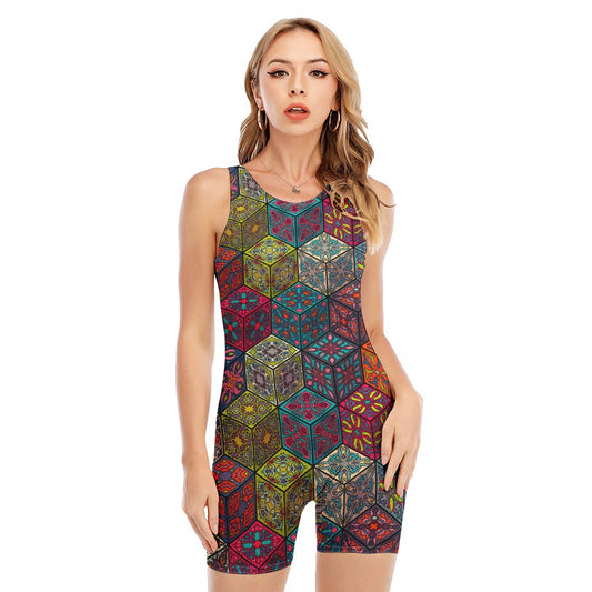 Bohemian Indian Box Pattern Print Sleeveless One Piece Swimsuit