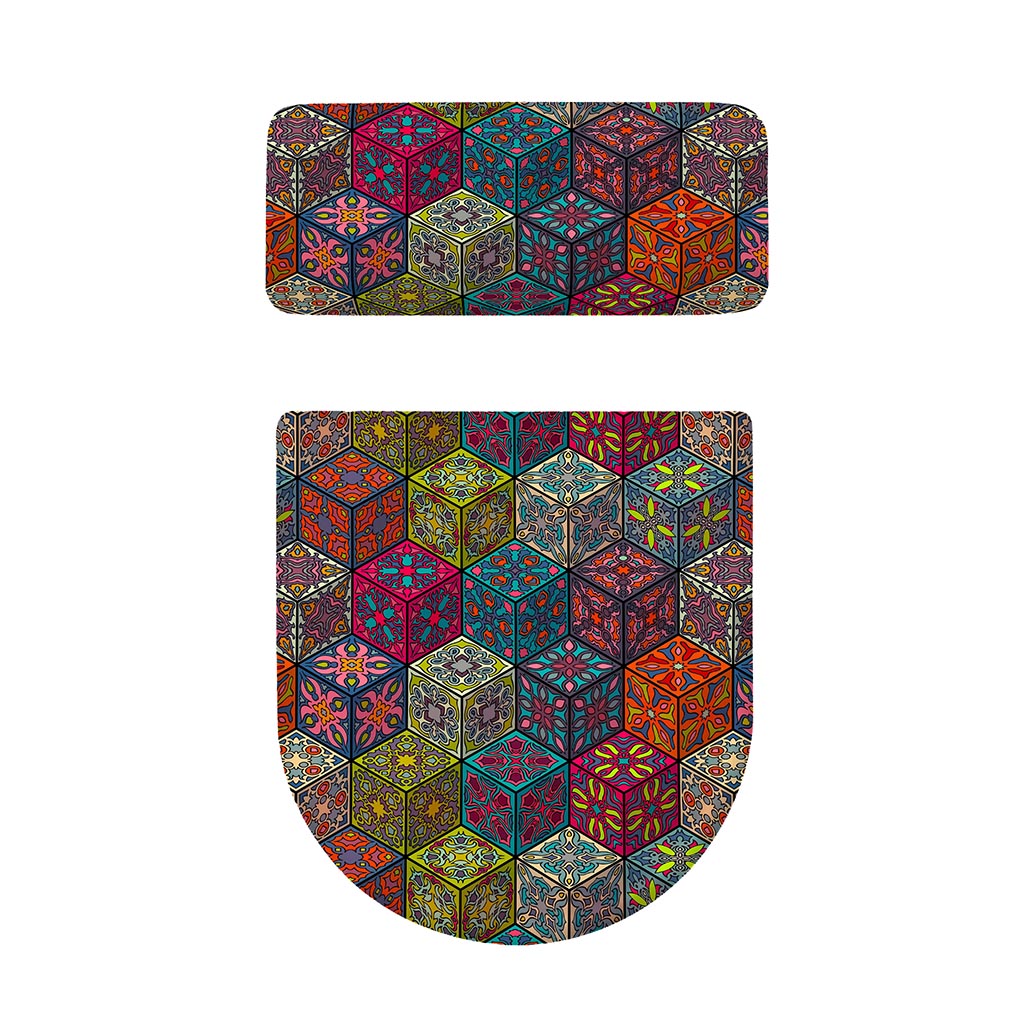 Bohemian Indian Box Pattern Print Toilet Lid And Tank Cover Set