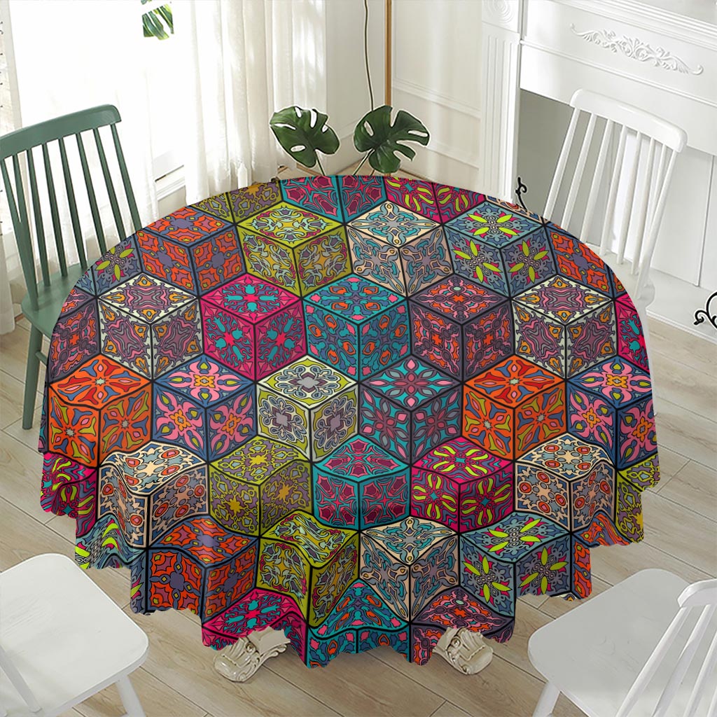 Bohemian Indian Box Pattern Print Waterproof Round Tablecloth