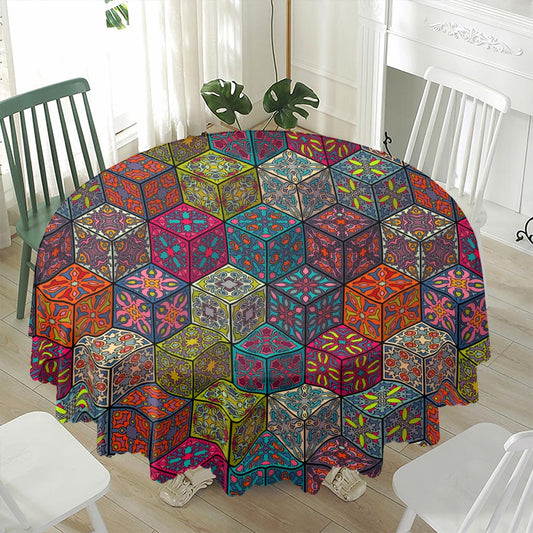 Bohemian Indian Box Pattern Print Waterproof Round Tablecloth