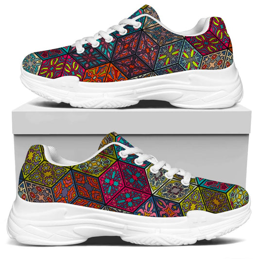 Bohemian Indian Box Pattern Print White Chunky Shoes
