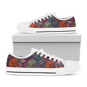 Bohemian Indian Box Pattern Print White Low Top Sneakers