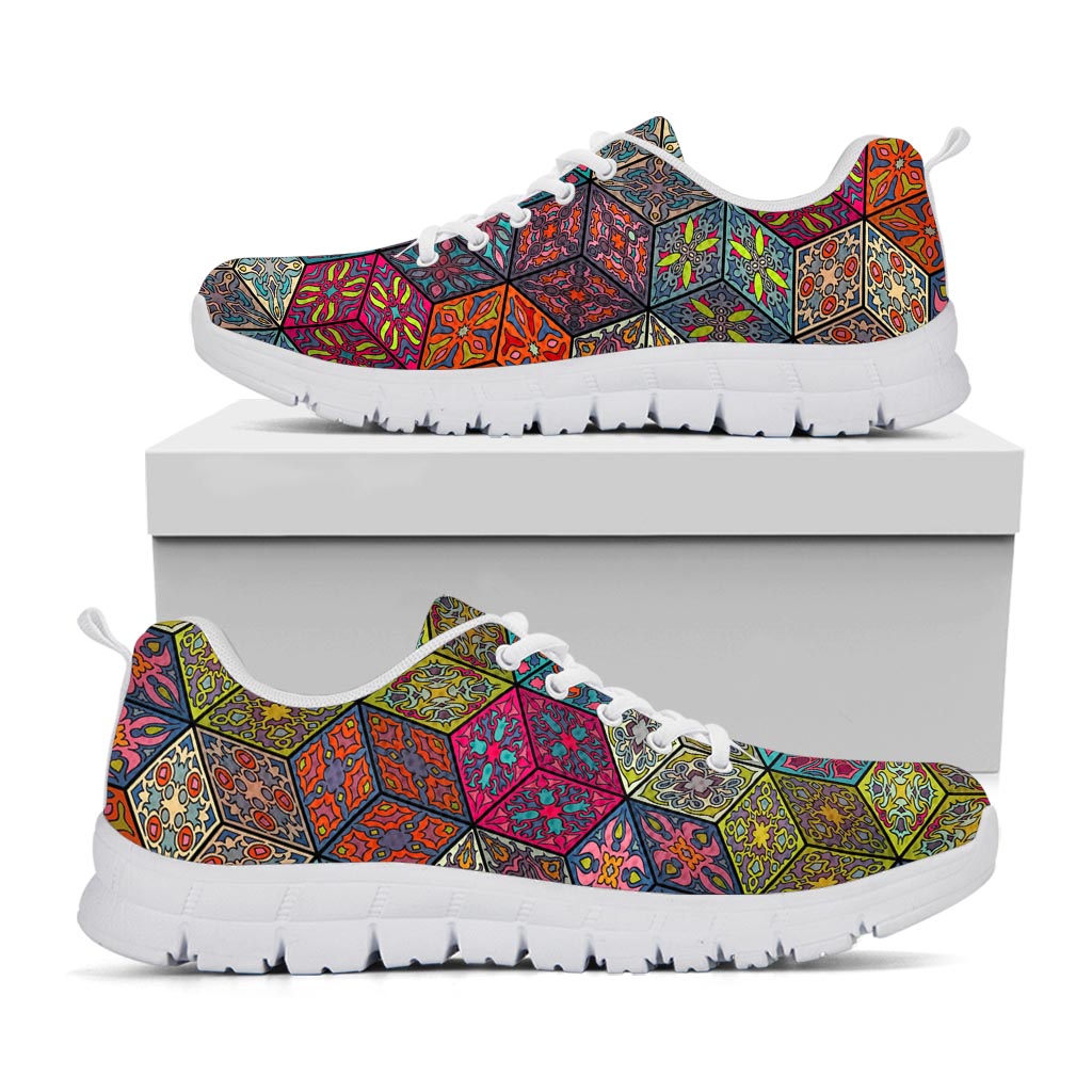 Bohemian Indian Box Pattern Print White Running Shoes