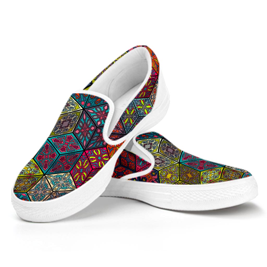 Bohemian Indian Box Pattern Print White Slip On Sneakers