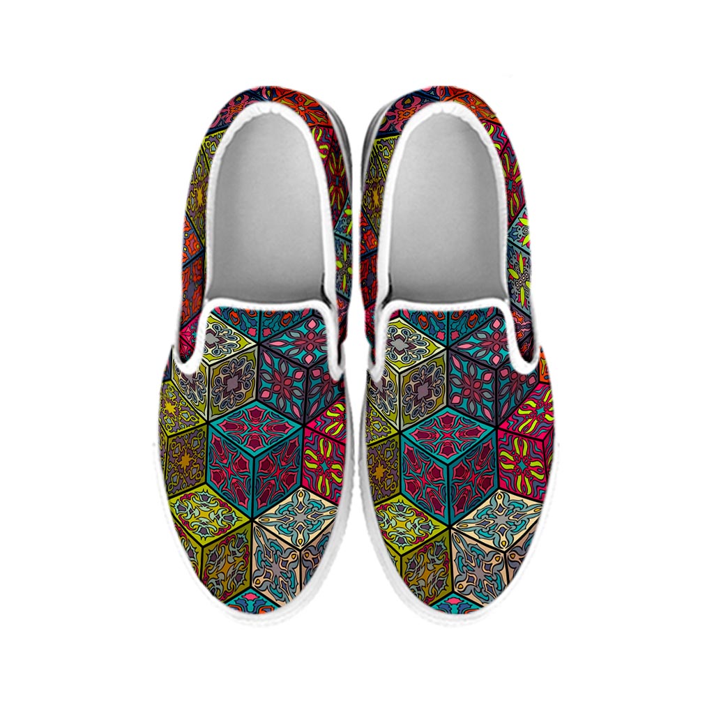 Bohemian Indian Box Pattern Print White Slip On Sneakers