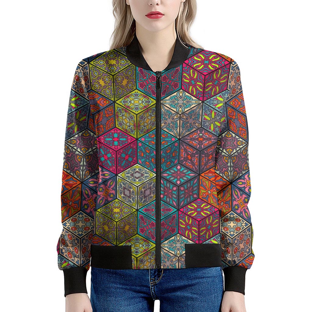 Bohemian Indian Box Pattern Print Women's Bomber Jacket