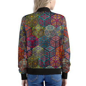 Bohemian Indian Box Pattern Print Women's Bomber Jacket