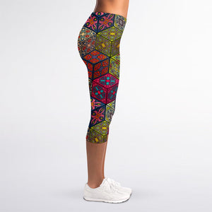 Bohemian Indian Box Pattern Print Women's Capri Leggings