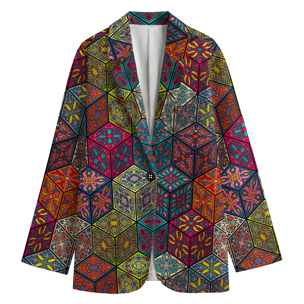 Bohemian Indian Box Pattern Print Women's Cotton Blazer