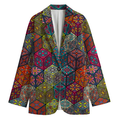 Bohemian Indian Box Pattern Print Women's Cotton Blazer