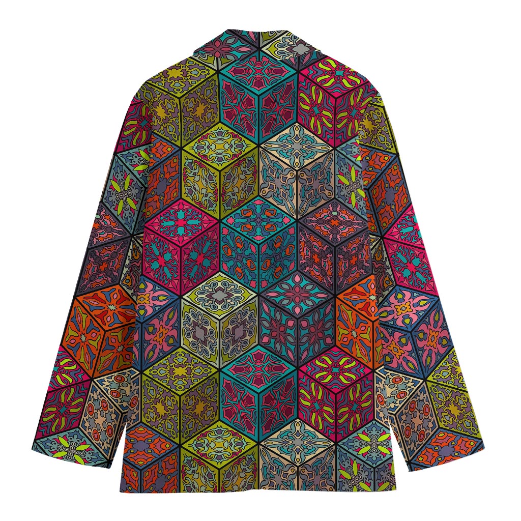 Bohemian Indian Box Pattern Print Women's Cotton Blazer