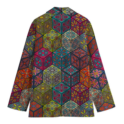 Bohemian Indian Box Pattern Print Women's Cotton Blazer