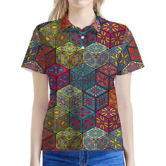 Bohemian Indian Box Pattern Print Women's Polo Shirt