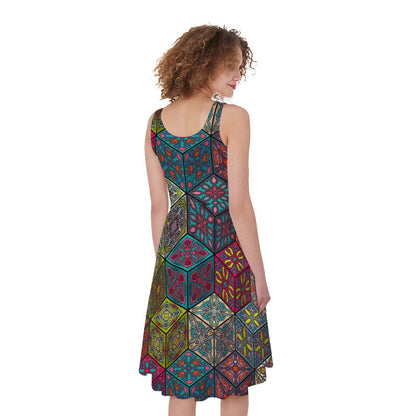 Bohemian Indian Box Pattern Print Women's Sleeveless Dress