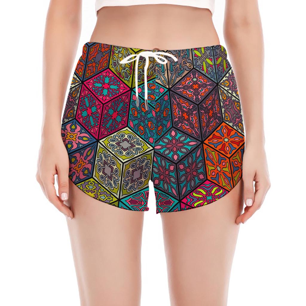 Bohemian Indian Box Pattern Print Women's Split Running Shorts