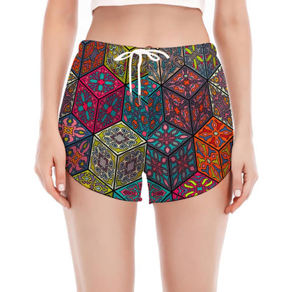 Bohemian Indian Box Pattern Print Women's Split Running Shorts