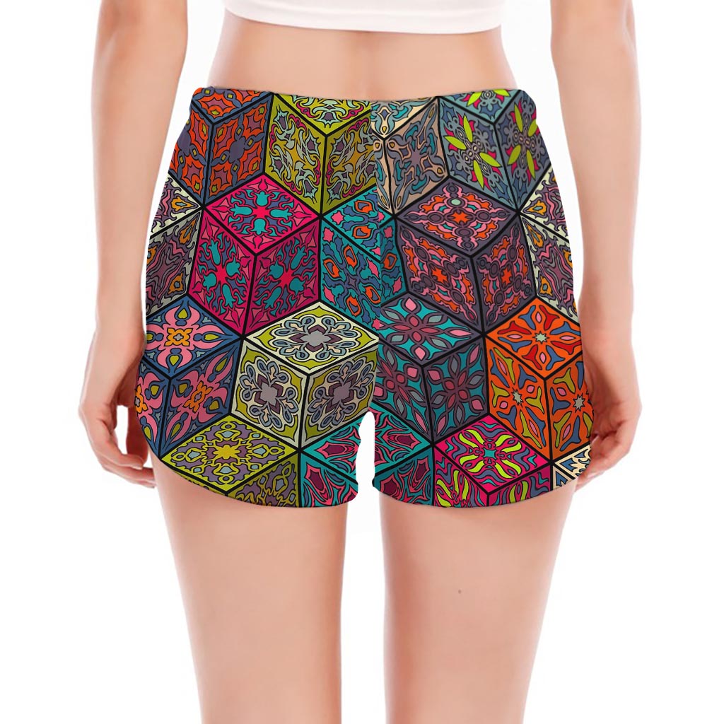 Bohemian Indian Box Pattern Print Women's Split Running Shorts