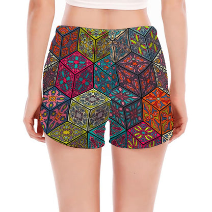 Bohemian Indian Box Pattern Print Women's Split Running Shorts