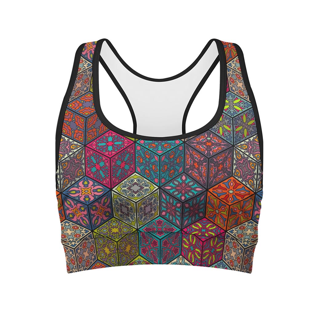 Bohemian Indian Box Pattern Print Women's Sports Bra