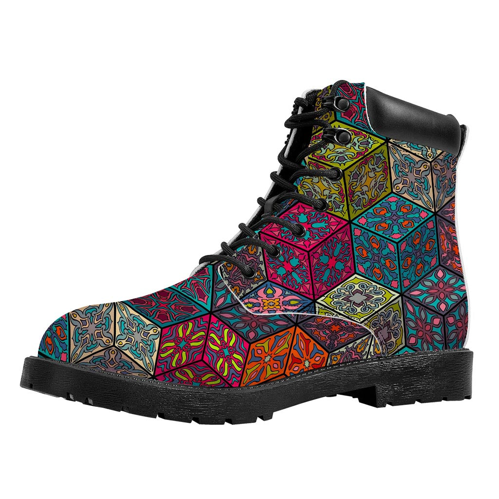 Bohemian Indian Box Pattern Print Work Boots