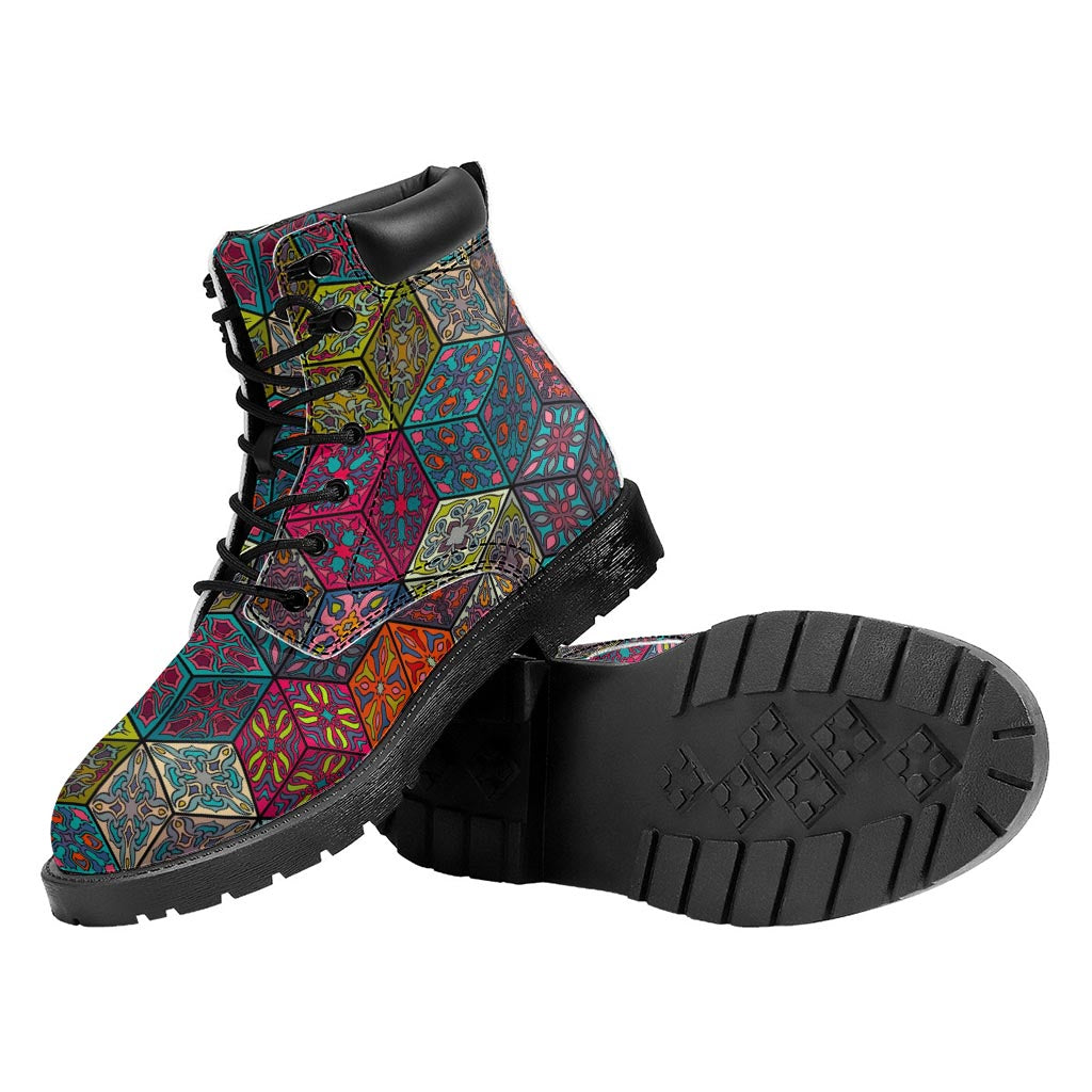 Bohemian Indian Box Pattern Print Work Boots