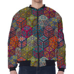Bohemian Indian Box Pattern Print Zip Sleeve Bomber Jacket