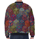 Bohemian Indian Box Pattern Print Zip Sleeve Bomber Jacket