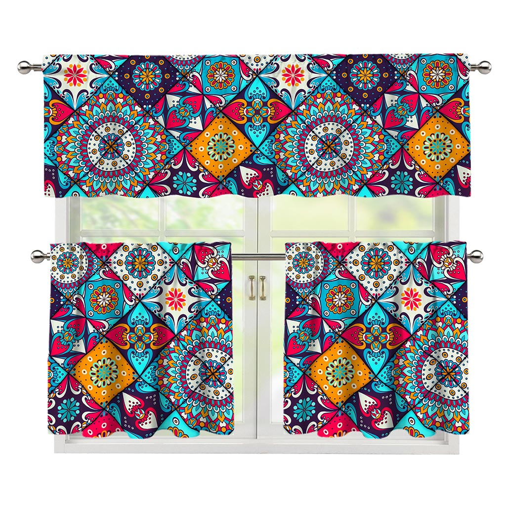 Bohemian Indian Mandala Patchwork Print 3 Piece Kitchen Curtains