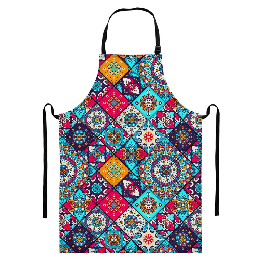 Bohemian Indian Mandala Patchwork Print Bib Apron With Pocket