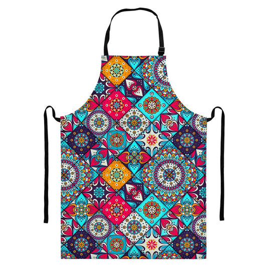 Bohemian Indian Mandala Patchwork Print Bib Apron With Pocket