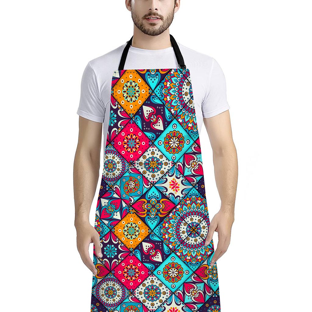 Bohemian Indian Mandala Patchwork Print Bib Apron With Pocket