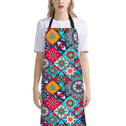 Bohemian Indian Mandala Patchwork Print Bib Apron With Pocket