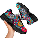 Bohemian Indian Mandala Patchwork Print Black Chunky Shoes