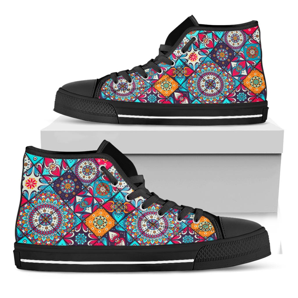 Bohemian Indian Mandala Patchwork Print Black High Top Sneakers