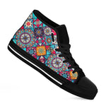 Bohemian Indian Mandala Patchwork Print Black High Top Sneakers