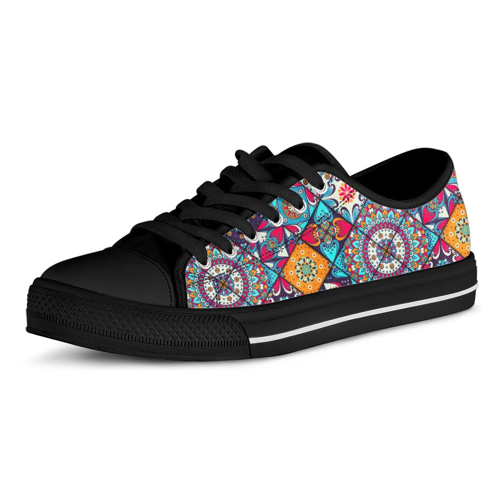 Bohemian Indian Mandala Patchwork Print Black Low Top Sneakers