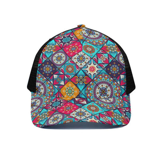 Bohemian Indian Mandala Patchwork Print Black Mesh Trucker Cap
