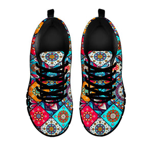 Bohemian Indian Mandala Patchwork Print Black Running Shoes