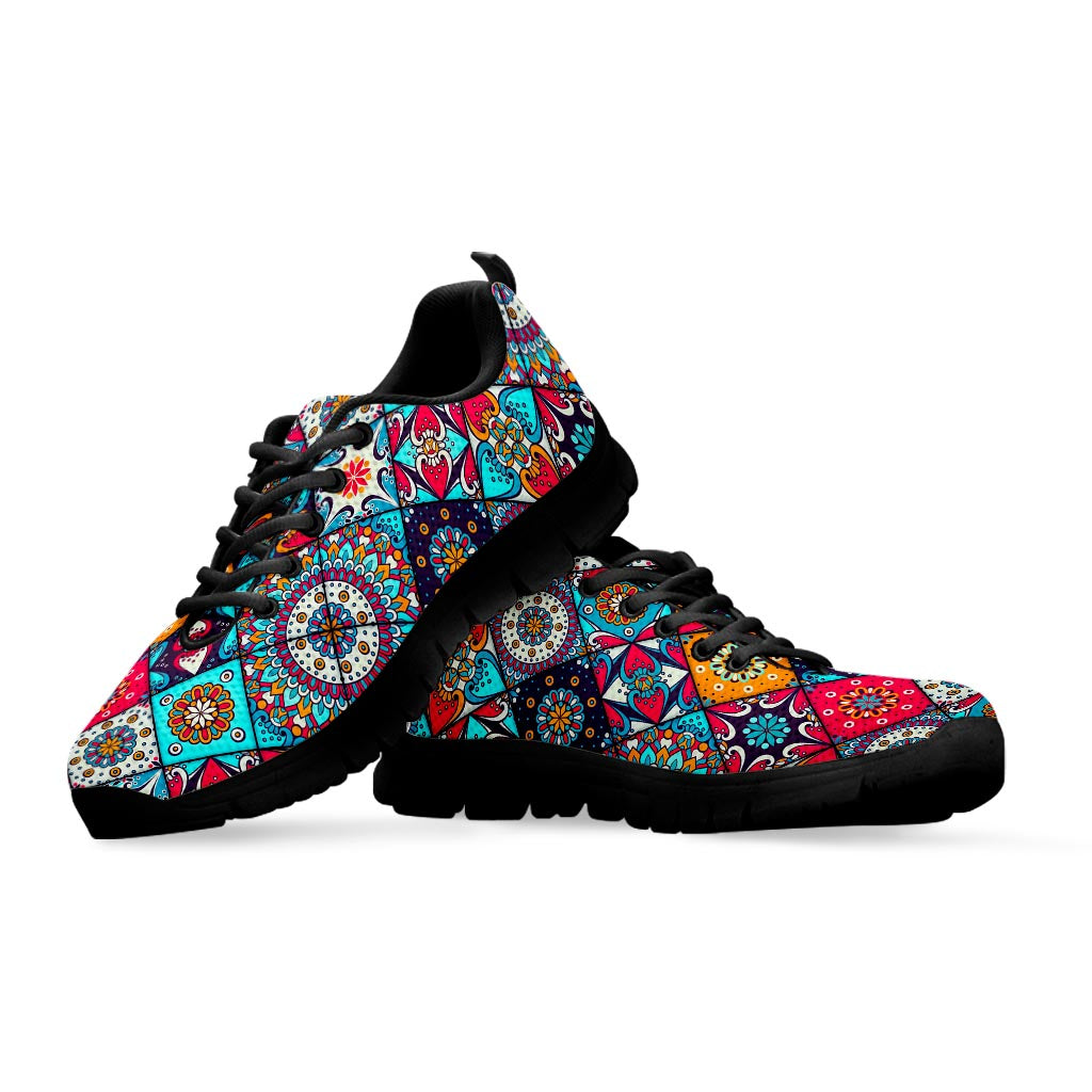 Bohemian Indian Mandala Patchwork Print Black Running Shoes