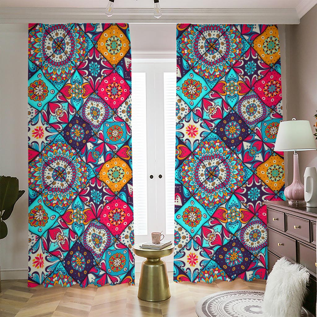 Bohemian Indian Mandala Patchwork Print Blackout Pencil Pleat Curtains