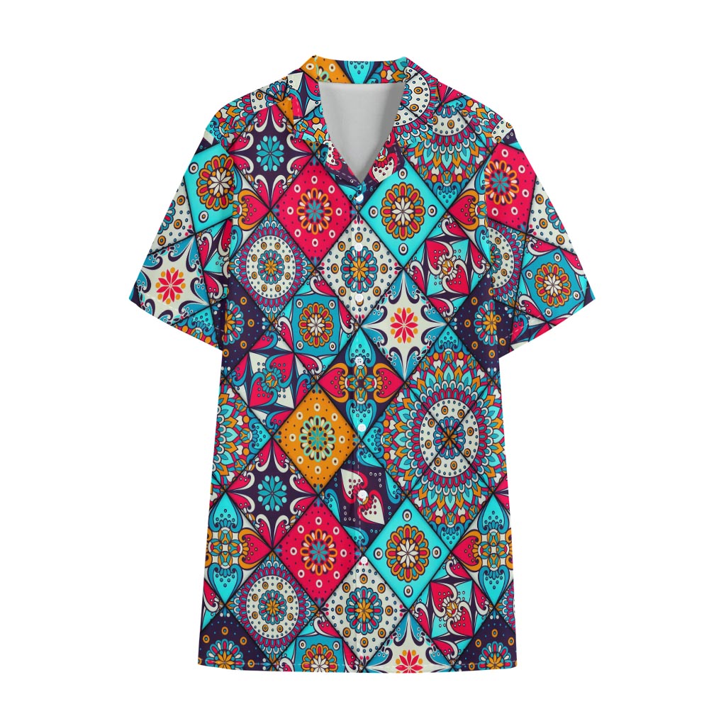 Bohemian Indian Mandala Patchwork Print Cotton Hawaiian Shirt