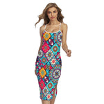 Bohemian Indian Mandala Patchwork Print Cross Back Cami Dress