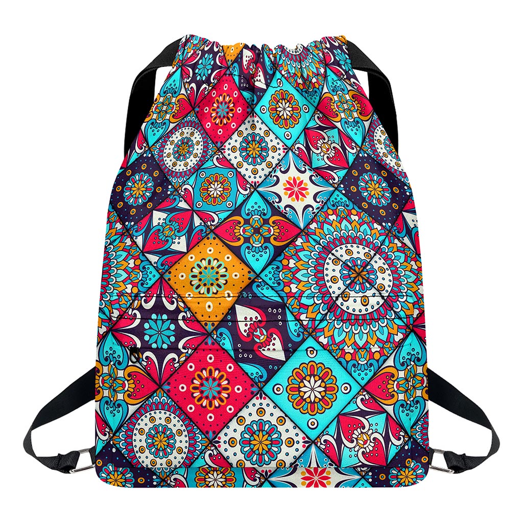 Bohemian Indian Mandala Patchwork Print Drawstring Backpack