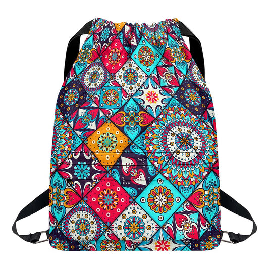 Bohemian Indian Mandala Patchwork Print Drawstring Backpack