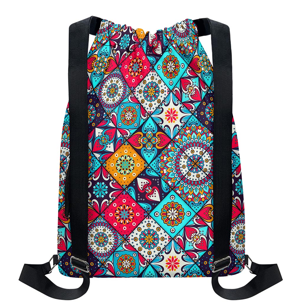 Bohemian Indian Mandala Patchwork Print Drawstring Backpack