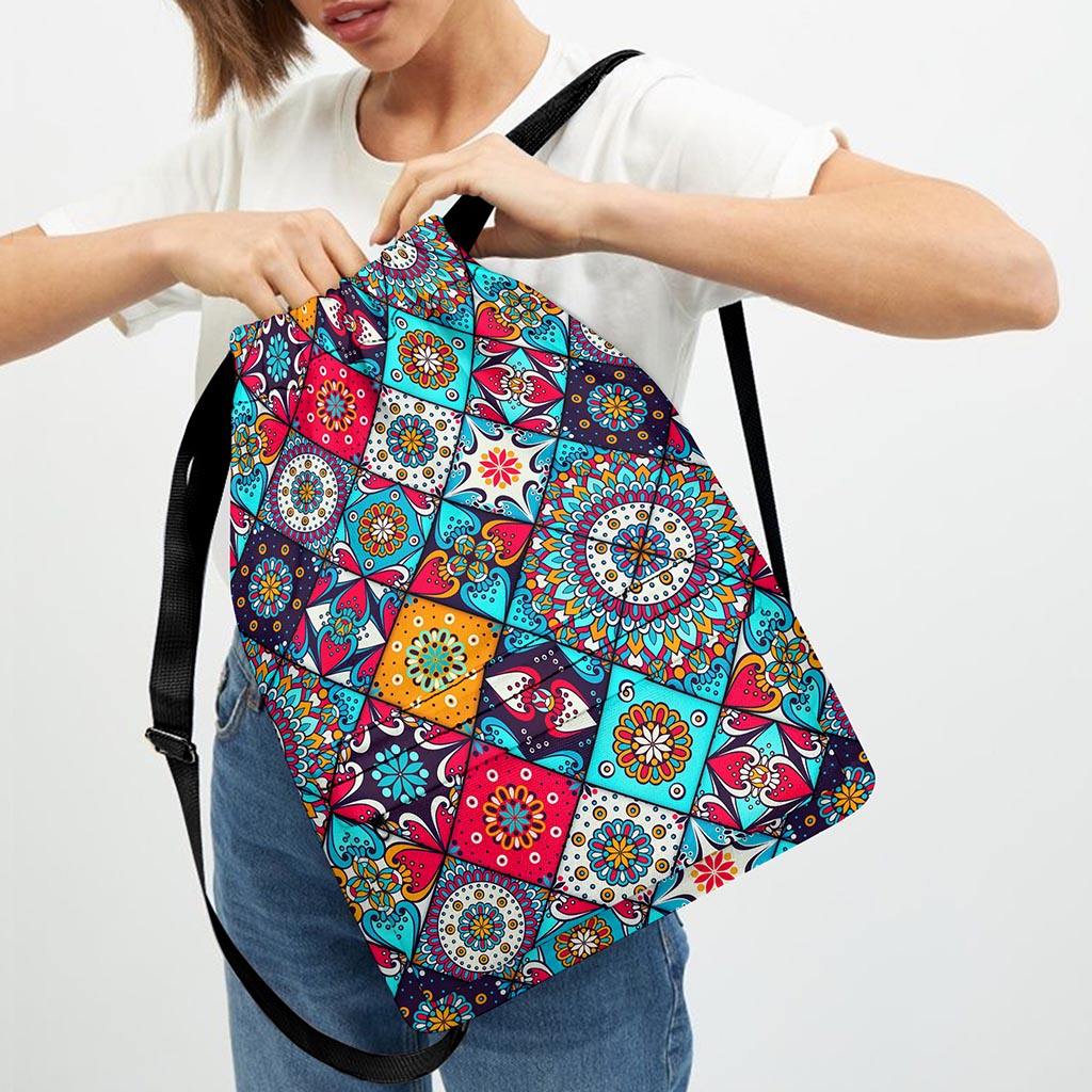 Bohemian Indian Mandala Patchwork Print Drawstring Backpack
