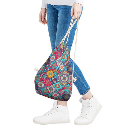 Bohemian Indian Mandala Patchwork Print Drawstring Bag
