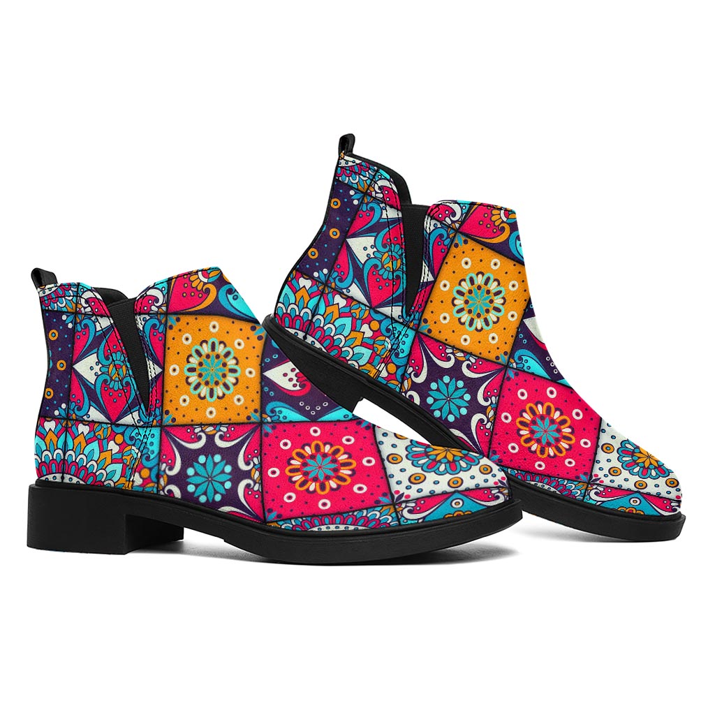 Bohemian Indian Mandala Patchwork Print Flat Ankle Boots