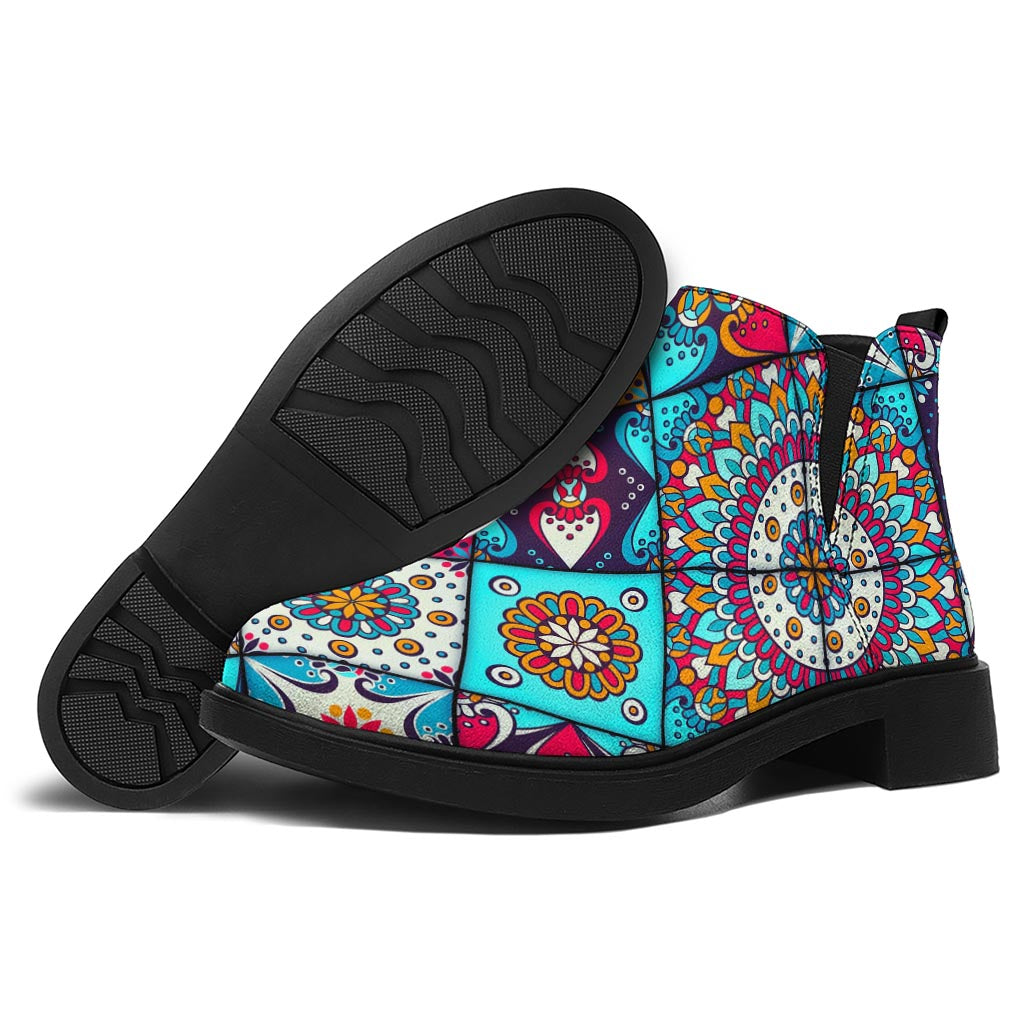 Bohemian Indian Mandala Patchwork Print Flat Ankle Boots